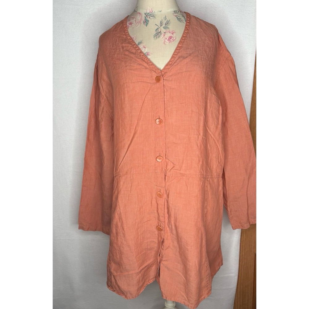 J.Jill 100% Linen Button Front Tunic Dress Coral Pink Lagenlook Women's L EUC